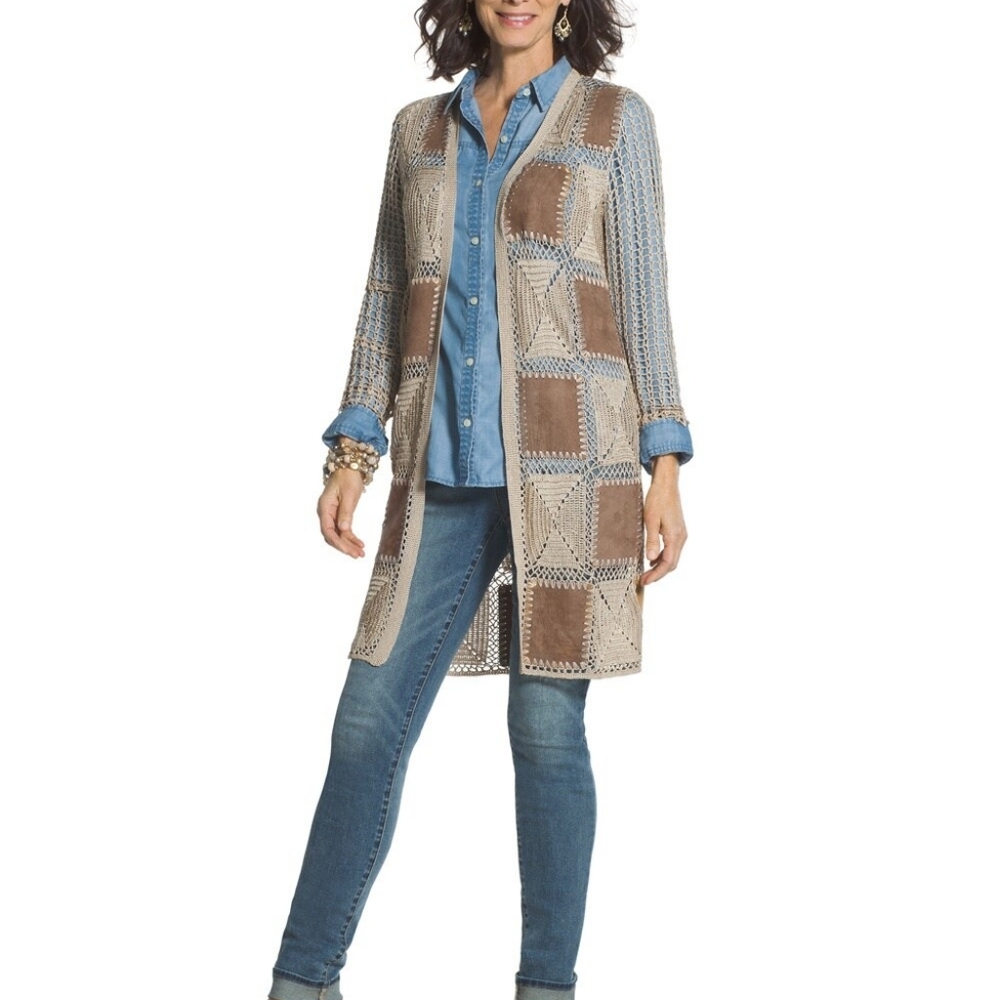 NWOT Chicos Faux-Suede Patchwork Duster Jacket